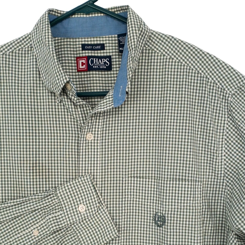 Chaps Mens Green Gingham Easy Care Button Down Shirt XLT‎ Plaid Long Sleeve